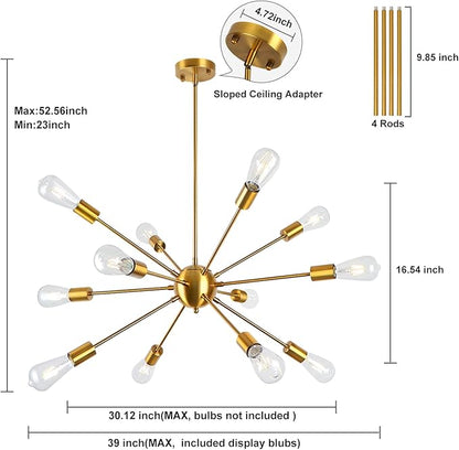 LynPon Gold Sputnik Chandeliers, 12 Lights Mid Century Modern Sputnik Chandeliers Gold Chandelier Light Fixture for Dining Room Living Room Ceiling Light Fixture for Entryway Foyer Kitchen Bedroom