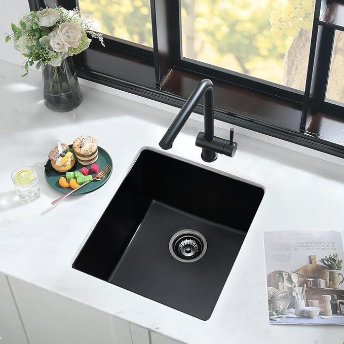 15 Inch Black Bar Sink Undermount Quartz-iAnomla 15x15 Undermount Bar Sink Black Bar Prep Sink Quartz Composite Small Rv Kitchen Sink Single Bowl Mini Kitchen Sink with Bottom Grid