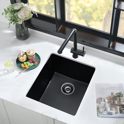 15 Inch Black Bar Sink Undermount Quartz-iAnomla 15x15 Undermount Bar Sink Black Bar Prep Sink Quartz Composite Small Rv Kitchen Sink Single Bowl Mini Kitchen Sink with Bottom Grid