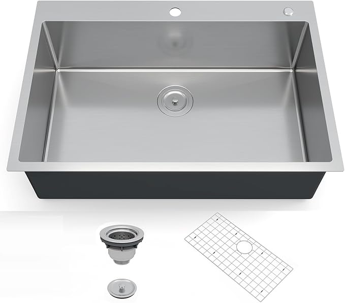 Stainless Steel Kitchen Sink 36 × 22 × 10 inch – Topmount Single Bowl Sink, Brushed Finish, Includes Bottom Grid & Drain, 2.0mm Rim, 1.0mm Bowl