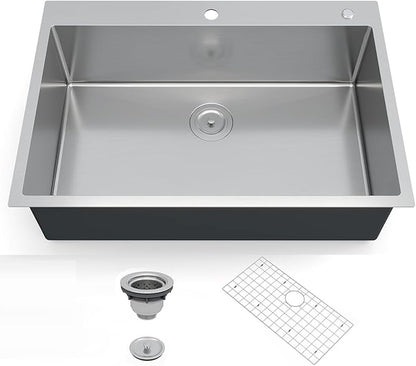 Stainless Steel Kitchen Sink 36 × 22 × 10 inch – Topmount Single Bowl Sink, Brushed Finish, Includes Bottom Grid & Drain, 2.0mm Rim, 1.0mm Bowl