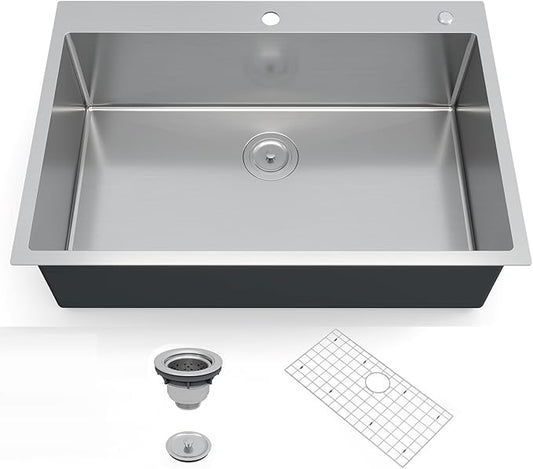 GarveeTech Kitchen Sinks,33×22×10 inch Drop-In Single Bowl Kitchen Sink – Heavy-Duty Brushed Stainless Steel, Deep Basin, Bottom Grid & Drain Kit Included