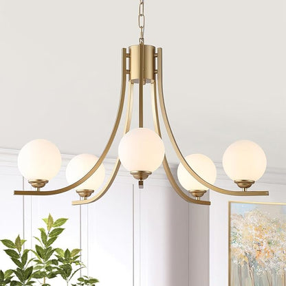 Glass Globe Chandelier,Gold Farmhouse Chandeliers for Dining Room,Modern Sputnik Dining Room Light Fixtures，Adjustable Chain Ceiling Lighting for Living Room Bedroom Kitchen Island