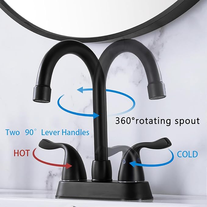 HOTIS Matte Black 4-Inch Centerset Bathroom Faucet, 2-Handle 3-Hole Sink Faucet with Pop-up Drain & Supply Lines
