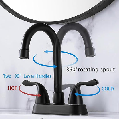 HOTIS Matte Black 4-Inch Centerset Bathroom Faucet, 2-Handle 3-Hole Sink Faucet with Pop-up Drain & Supply Lines