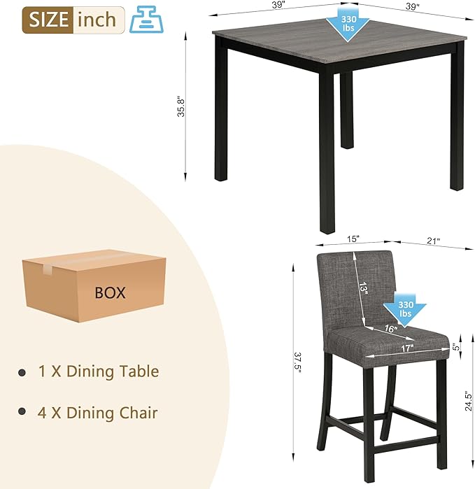5-Piece Counter Height Dining Table Set for 4, Wooden Kitchen Table and Chairs Set of 4, Square Dining Room Table with Upholstered Seats for Kitchen and Dining, Light Grey & Black Two Tone