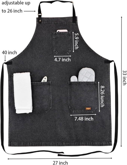 Denim Apron with Pockets, Professional for Mens Womens Chef Kitchen Cooking Grill BBQ Painting Baking, Black Bib with Towel Loop & Adjustable Neck Strap (Black Denim -2)