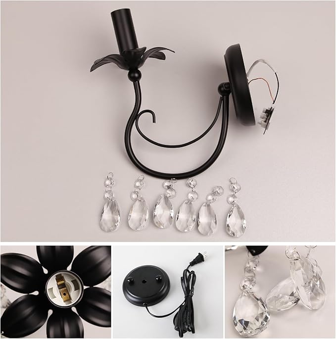 Black Wall Sconces,Vintage Crystal Wall Sconce Wall Light Fixtures,Farmhouse Candle Wall Sconce Indoor Bedside Mid Century for Bathroom Bedroom Living Room Hallway Entryway Stairs
