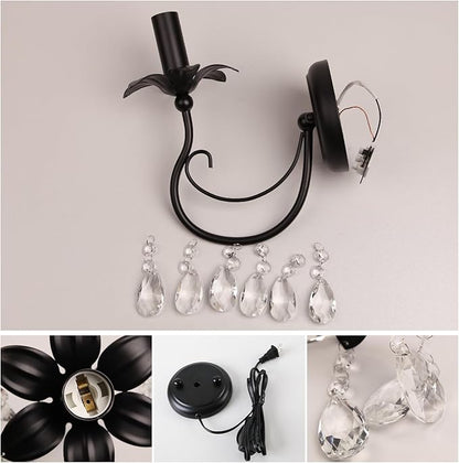 Black Wall Sconces,Vintage Crystal Wall Sconce Wall Light Fixtures,Farmhouse Candle Wall Sconce Indoor Bedside Mid Century for Bathroom Bedroom Living Room Hallway Entryway Stairs