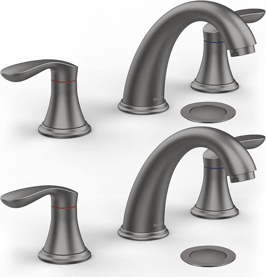 Bathroom Sink Faucet, Faucet for Bathroom Sink, Widespread Gun Grey Bathroom Faucet 3 Hole with Stainless Steel Pop Up Drain and cUPC Lead-Free Hose - (Gun Grey 2 Packs)
