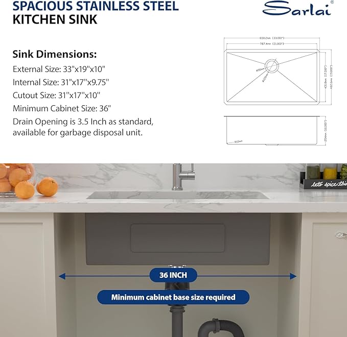 33 Black Kitchen Sink Undermount - Sarlai 33 inch Gunmetal Black Stainless Steel 16 Gauge Undermount Single Bowl Kitchen Sink Basin