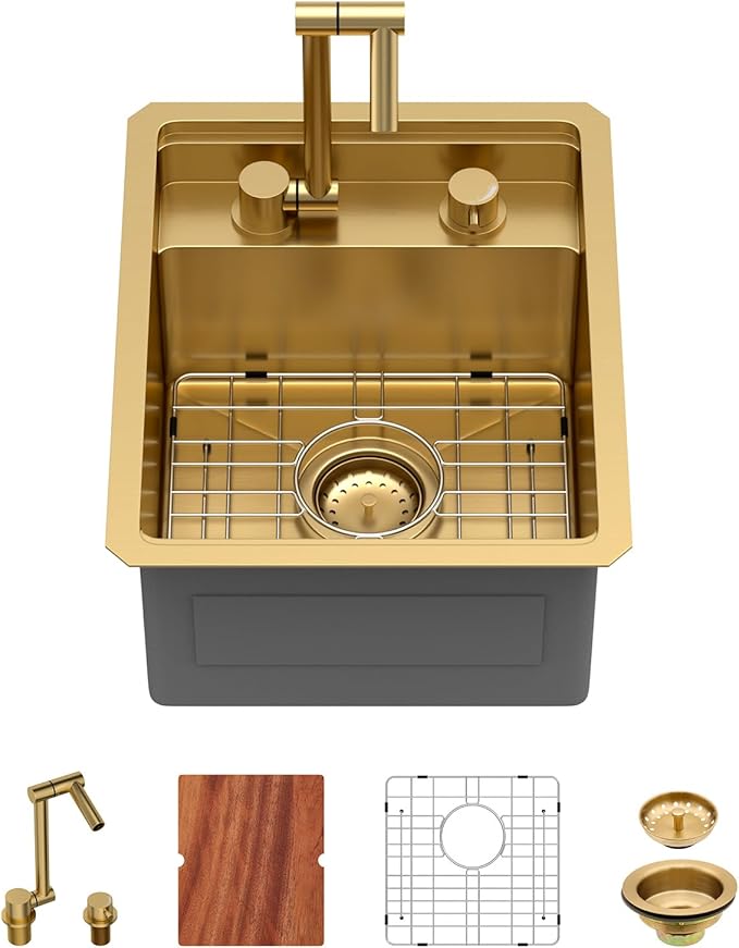 15 Inch Outdoor Undermount Bar Sink With Faucet and Cover - Beslend 15x18x9 Undermount Kitchen Sink Workstation 16 Gauge Stainless Steel Single Bowl Sinks Under Counter Indoor Outdoor Gold