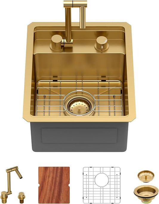15 Inch Outdoor Undermount Bar Sink With Faucet and Cover - Beslend 15x18x9 Undermount Kitchen Sink Workstation 16 Gauge Stainless Steel Single Bowl Sinks Under Counter Indoor Outdoor Gold