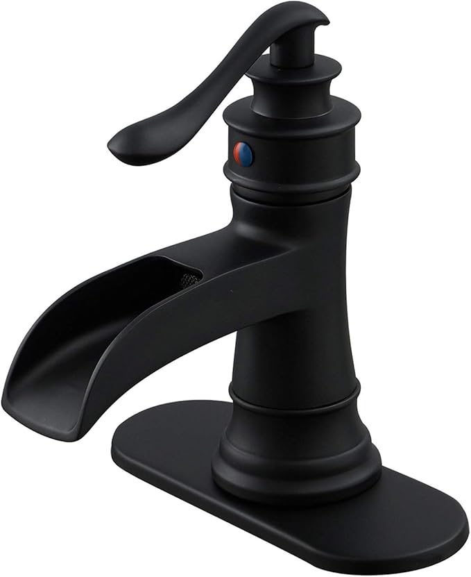 BWE Matte Black Waterfall Bathroom Faucet, Single Handle One Hole Sink Faucet for Farmhouse Bathroom Vanity Basin, Antique Finish Solid Brass Construction