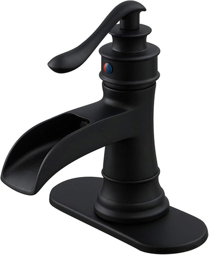 BWE Matte Black Waterfall Bathroom Faucet, Single Handle One Hole Sink Faucet for Farmhouse Bathroom Vanity Basin, Antique Finish Solid Brass Construction
