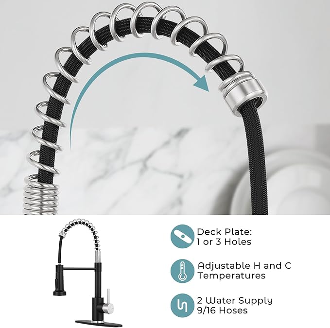 Kitchen Faucet with Pull Down Sprayer,Commercial Single Handle Stainless Steel Kitchen Faucets with Deck Plate (Black&Brush Nickel)
