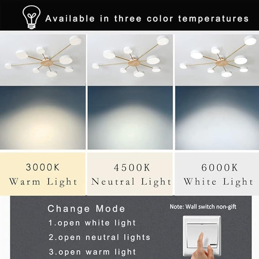 LED Ceiling Light Fixture,48 Inch 8-Lights Modern Ceiling Lights Flush Mount Wooden 64W Dimmable Chandelier for Living Room Bedroom Kitchen,3000K/4000K/6000K Temperatures Selectable White