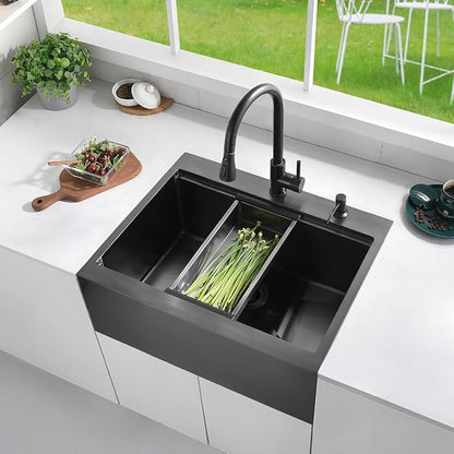 28 Black Drop In Farmhouse Kitchen Sink, Luckyhorse 16 Gauge Nano Black Stainless Steel 28x22 Inches Drop In Topmount Workstation Kitchen Farmhouse Sink With Apron Front LH008SZ