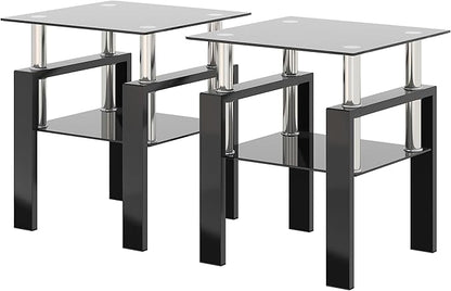 Set of 2 Glass End Table, Glass Side Table with Tempered Glass Top & Metal Legs, Living Room Table Modern Tea Table Side Tables 2-Layer for Living Room