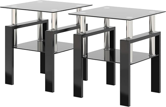 Set of 2 Glass End Table, Glass Side Table with Tempered Glass Top & Metal Legs, Living Room Table Modern Tea Table Side Tables 2-Layer for Living Room
