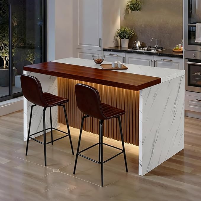 63 Inch Kitchen Island with 4 Deep Brown Bar Stools – White Marble Countertop, Integrated LED Lighting & Grille Design, Multi-Functional Breakfast Bar for Dining Rooms, (White Island)