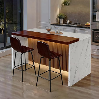 63 Inch Kitchen Island with 4 Deep Brown Bar Stools – White Marble Countertop, Integrated LED Lighting & Grille Design, Multi-Functional Breakfast Bar for Dining Rooms, (White Island)