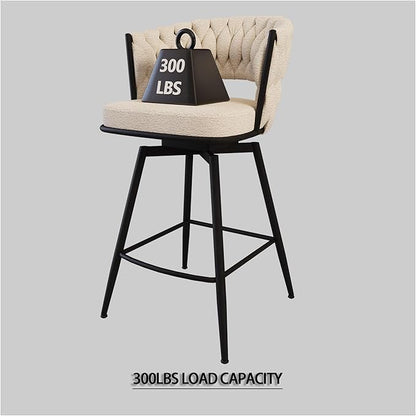 26" Linen Woven Bar Stool Set of 2,Black Legs Barstools No Adjustable Kitchen Island Chairs,360 Swivel and Counter Stool Arm Chairs with Back Footrest (White)