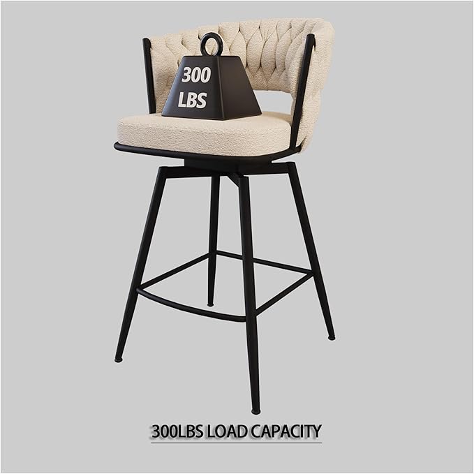 26" Linen Woven Bar Stool Set of 2,Black Legs Barstools No Adjustable Kitchen Island Chairs,360 Swivel and Counter Stool Arm Chairs with Back Footrest (White),for Living Room