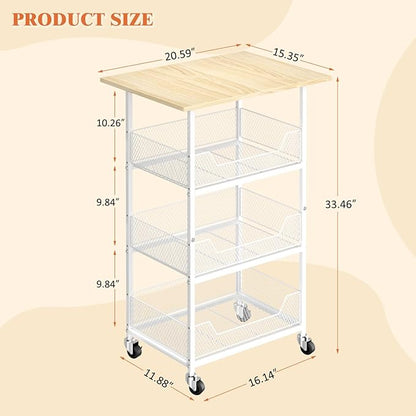 ThreeHio Rolling Kitchen Microwave Cart with Fruit Baskets, 4 Tier Microwave Table Stand with Storage, Kitchen Storge Shelf on Wheels Small Rolling Cart Organizer Rack for Pantry, Living Room