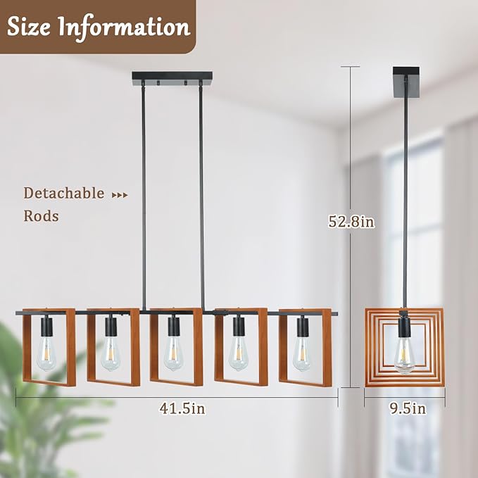 5-Light Farmhouse Kitchen Island Lighting, Adjustable Dining Room Light Fixtures, Black Rustic Wood Farmhouse Chandelier Hanging Ceiling Light for Kitchen,Bulbs Not Included