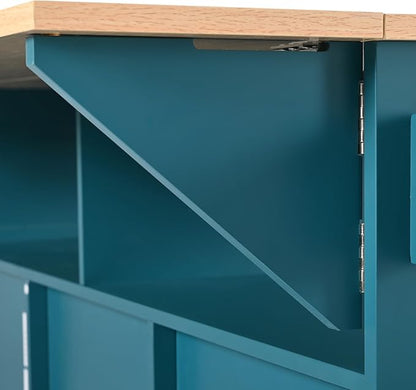 Modern Large Kitchen Island with 2 Drop Leaf, Rolling Cart on 5 Wheels with Power Outlet, Folding Storage Dining Table with Spice & Towel Rack, 3 Drawers, for Dining Room (Green@017)