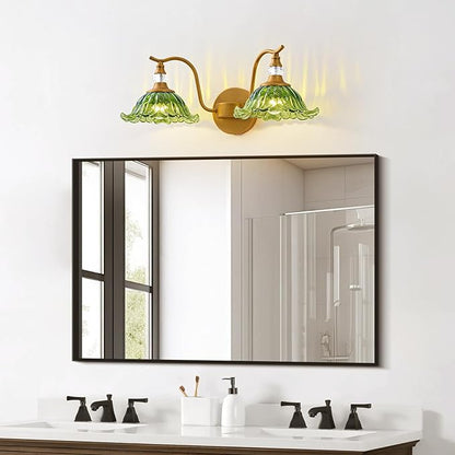 Vintage Bathroom Vanity Light Fixtures - 2 Light Antique Brass Bathroom Lights Fixture Over Mirror with Green Flower Glass,Retro Brushed Gold Bronze Wall-Mounted Vanity Lighting for Powder Room