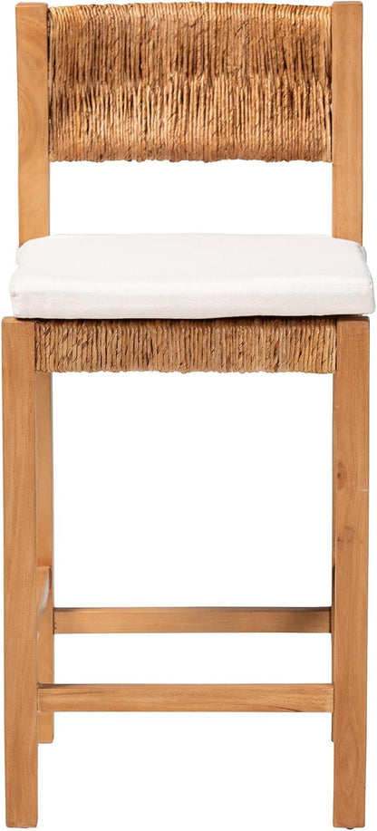 Bali & pari Pava Woven Seagrass Counter Stool - Solid Mahogany Wood Stool with Textured Back, Coastal Boho Seating for Kitchen Island, Counter Height