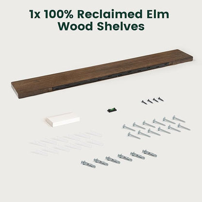 55 Inch Flat Edge Floating Shelves, 8 Inch Deep Solid Elm Wood Wall Shelf, Heavy-Duty Wall Mounted Shelf with Invisible Brackets for Living Room, Bathroom, Kitchen, Set of 1, Walnut Color