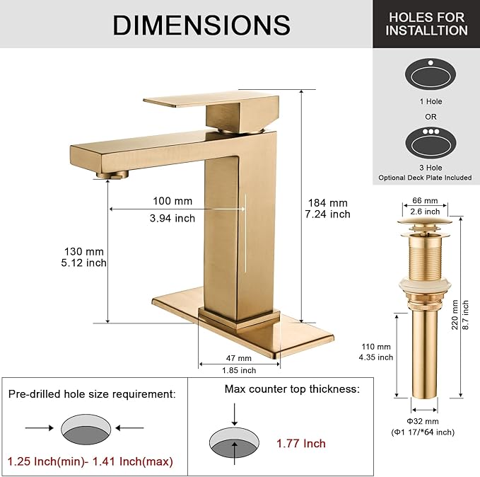 AVSIILE Brushed Gold Bathroom Faucet, Golden Single Hole Vanity Bath Faucet, Single Handle Modern Stainless Steel Bathroom Faucets for Sink 1 Hole with Pop Up Drain Stopper & Water Supply Hoses