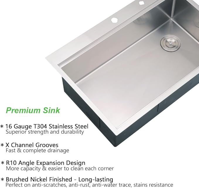 33x22 Drop In Kitchen Sink, 33 Inch Workstation Stainless Steel Sink Drop In Handmade Single Bowl Deep Kitchen Sink with Cutting Board