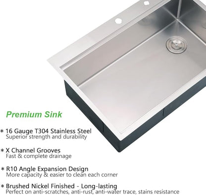 33x22 Drop In Kitchen Sink, 33 Inch Workstation Stainless Steel Sink Drop In Handmade Single Bowl Deep Kitchen Sink with Cutting Board