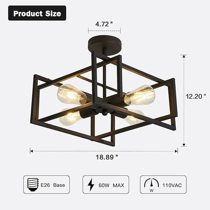 ZGLAOJT 4-Lights Close to Ceiling Light，Black Light Fixture Industrial Flush Mount Ceiling Light ，Farmhouse Chandelier Lighting for Kitchen Island Dining Room Bedroom Foyer Hallway