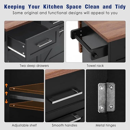 47.2" Kitchen Island with Drop Leaf, Portable Kitchen Cart with Trash Storage Cabinet & Removable Side Racks, 2 Drawers, Rolling Island Table on Wheels with Towel Rack, Black