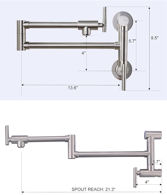 Pot Filler Faucet Brushed Nickel: WOWOW Single Hole Wall Mount Stove Faucet, Brass Pot Filler Two Attachment with Double Joint Swing Arms