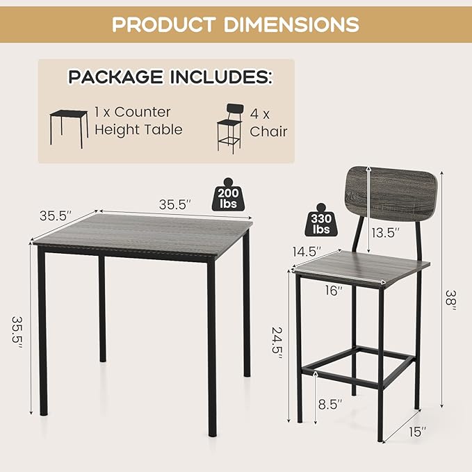 KOTEK 5-Piece Counter Height Dining Table Set, Industrial Kitchen Table and Chairs for 4, Space-Saving Dinette Set with Bar Stools for Dining Room, Pub, Restaurant (Grey Oak)