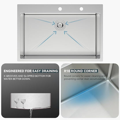 Lordear 30 inch Drop In Kitchen Sink Stainless Steel 16 Gauge Single Bowl Topmount Rectangular Round Corner Kitchen Sinks Overcounter Basin