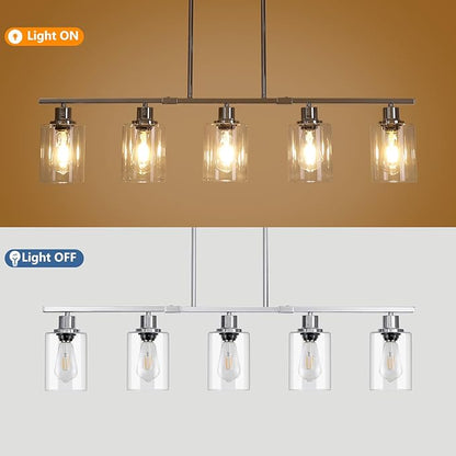 39.4" Kitchen Island Lighting, 5 Lights Clear Glass Pendant Light Fixtue, Chrome Linear Metal Chandelier for Dining&Living Room Foyer,Height Adjustable,E26 Socket