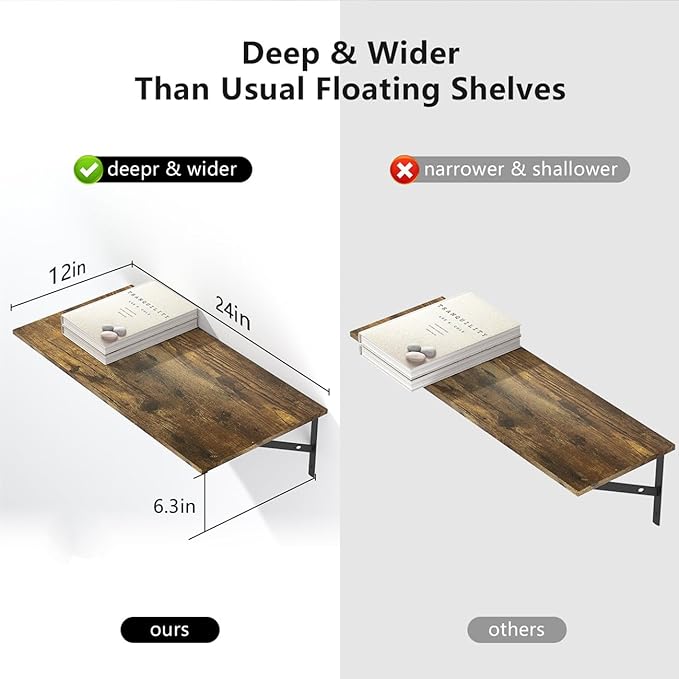 Deep Floating Shelves for Wall Set of 3, 24W x 12 Inch Deep Floating Shelves, Wide Floating Wall Mounted Shelves for Living Room, Kitchen, Office, Bedroom, Bathroom, Laundry Room