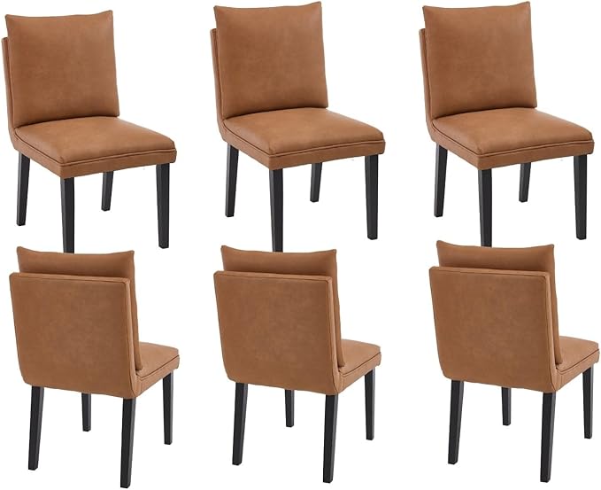 Farmhouse Parsons Dining Chairs Set of 6 - Comfy Upholstered Dining Set with Leather Cushion & Solid Wood Legs, Armless Kitchen Chairs for Dining Room/Restaurant/Kitchen Island, PU Brown