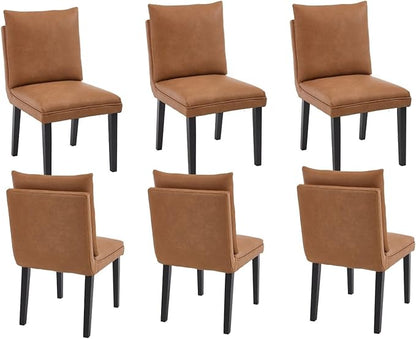 Farmhouse Parsons Dining Chairs Set of 6 - Comfy Upholstered Dining Set with Leather Cushion & Solid Wood Legs, Armless Kitchen Chairs for Dining Room/Restaurant/Kitchen Island, PU Brown