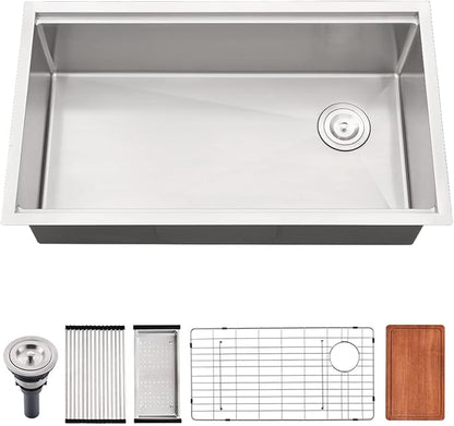 33 Inch Undermount Workstation Kitchen Sink, 33x19 Single Bowl Sink For Kitchen 16 Gauge Stainless Steel Sink Undermount with Offset Drain