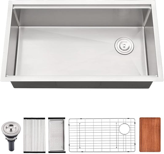33 Inch Undermount Workstation Kitchen Sink, 33x19 Single Bowl Sink For Kitchen 16 Gauge Stainless Steel Sink Undermount with Offset Drain