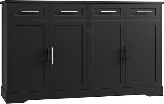 HOSTACK 60" Large Buffet Sideboard with Storage, 36" Tall Kitchen Buffet Storage Cabinet with 4 Drawer, Modern Coffee Bar Cabinet with Silver Handle, Long Sideboard Buffet Table for Living Room, Black