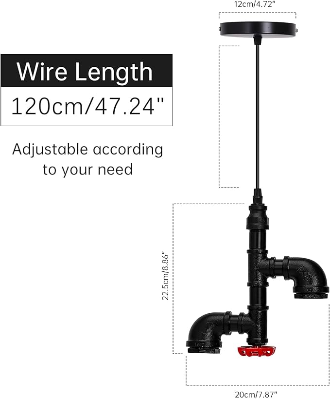 Kawell Vintage Pendant Light Fixtures Industrial Retro Ceiling Chandelier Creative Water Pipe Hanging Light Fixtures Art Deco Iron E26 60W Max for Bedroom Cafe Bar Restaurant Kitchen, Black Color